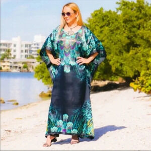 Boho Peacock Print Kaftan Maxi Dress | Beach Cover-Up Robe – One Size Fits Most